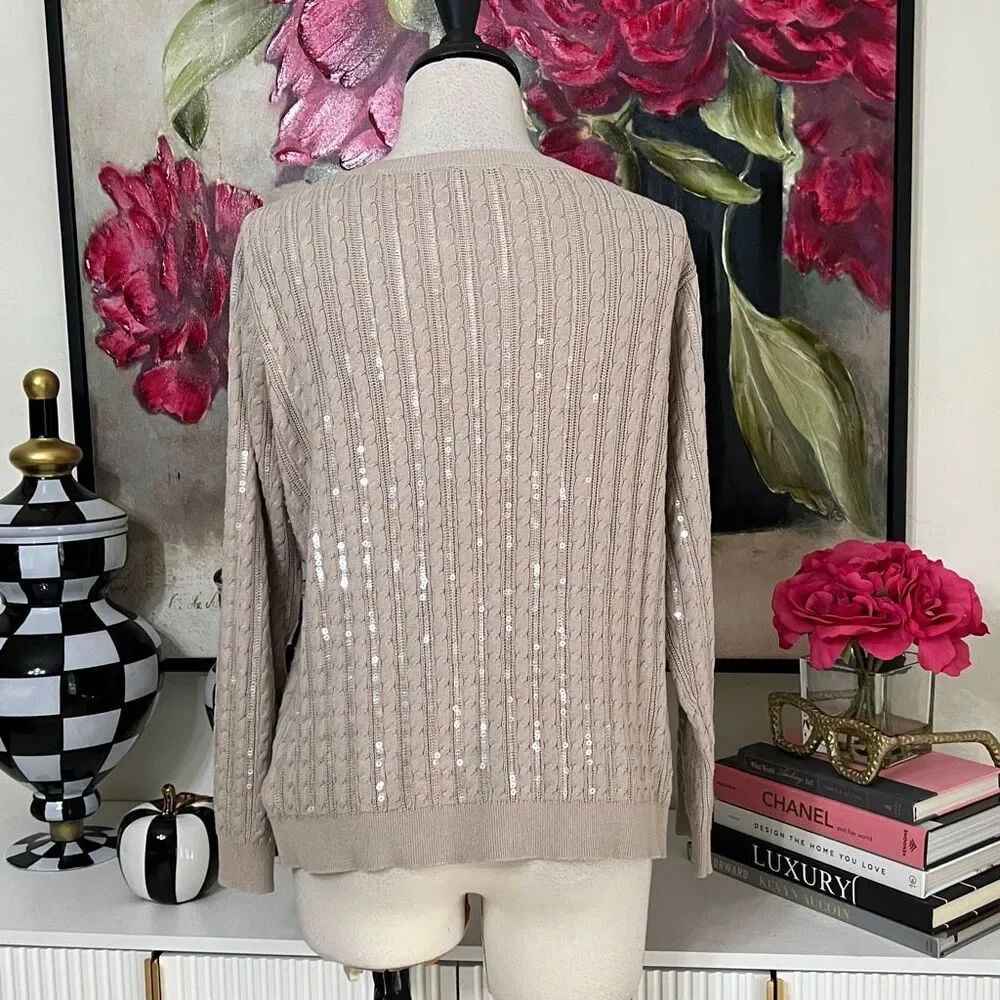 L'Agence Women's Cable Knit Sequin Long Sleeve Pullover Sweater Beige Size Large